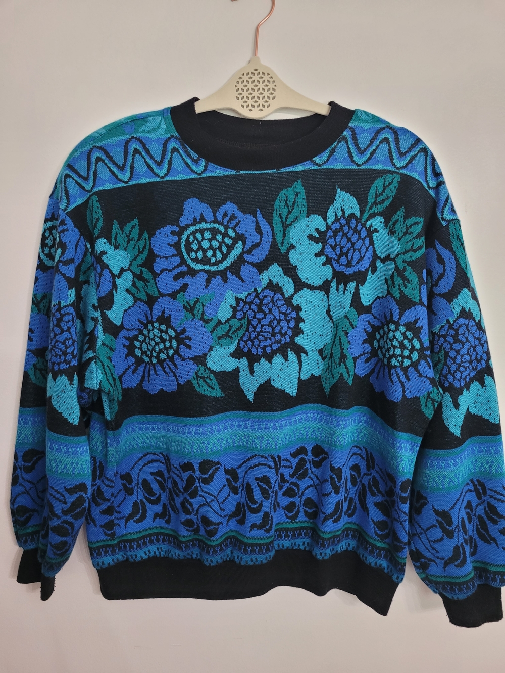 Vintage Top Notch Womens Floral Knit Crew Neck Sweater M Black Blue Teal